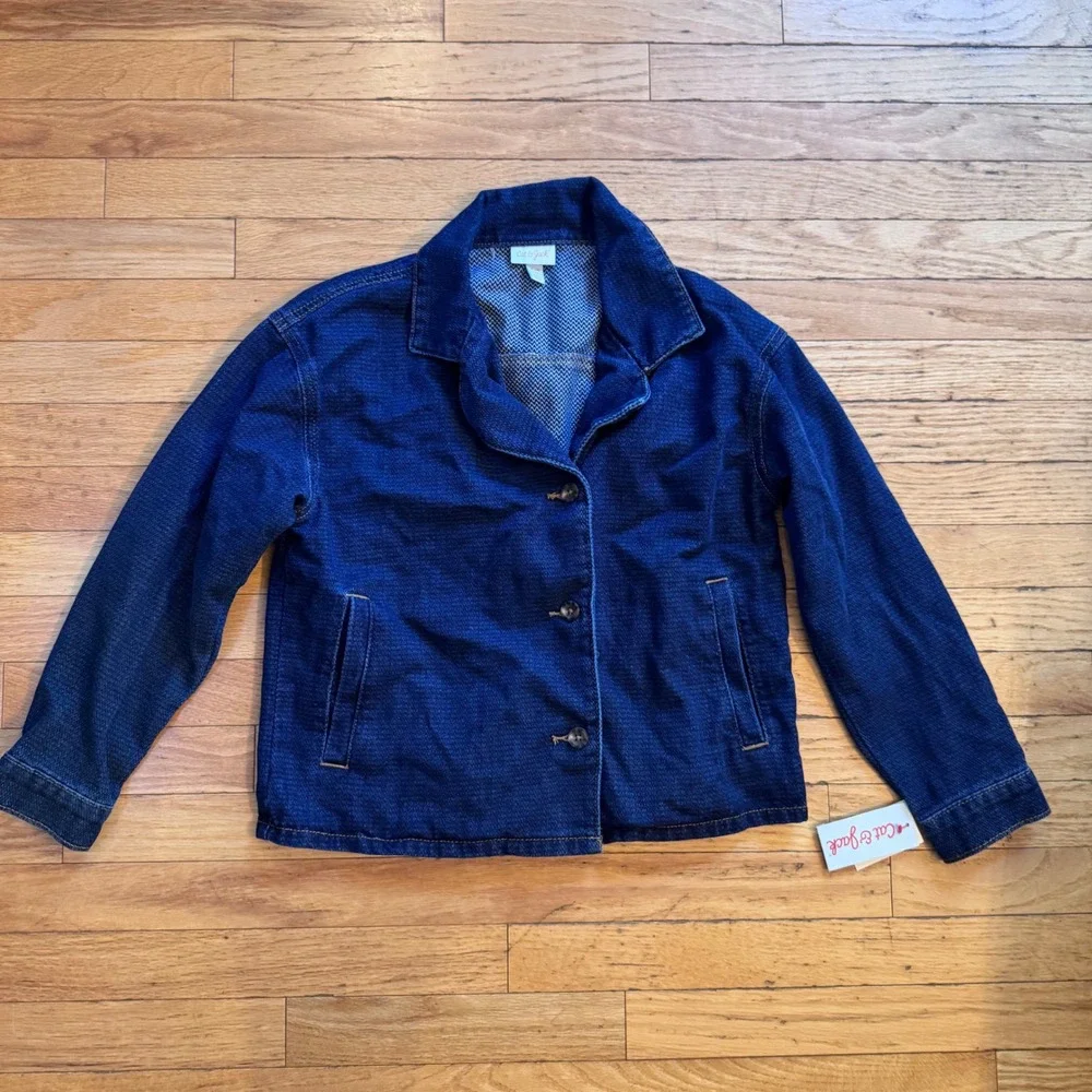 Cat & Jack Girls Dark Wash Denim Chore Jacket XL 14 Textured Chevron Indigo NWT